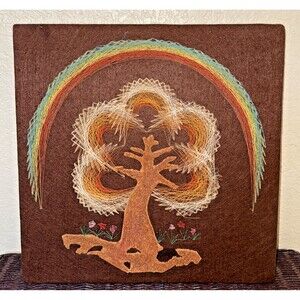 Vintage String Art Tree W/Rainbow & Flowers MCM Warm Colors Beautiful 16”x16”